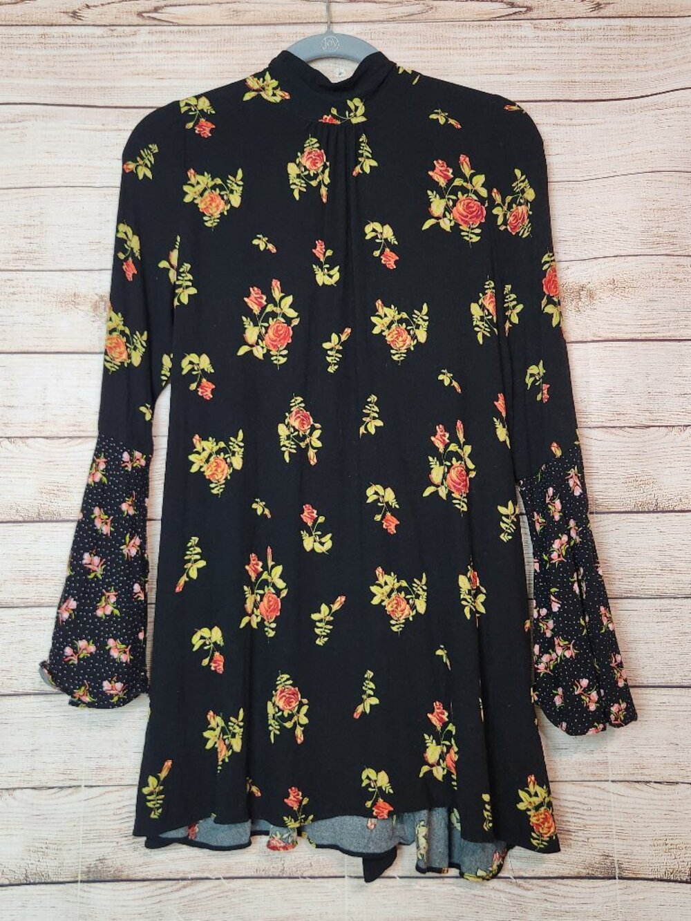 Free People Tate Tunic Dress Black Floral Size S/P Tie Back Neck Pockets